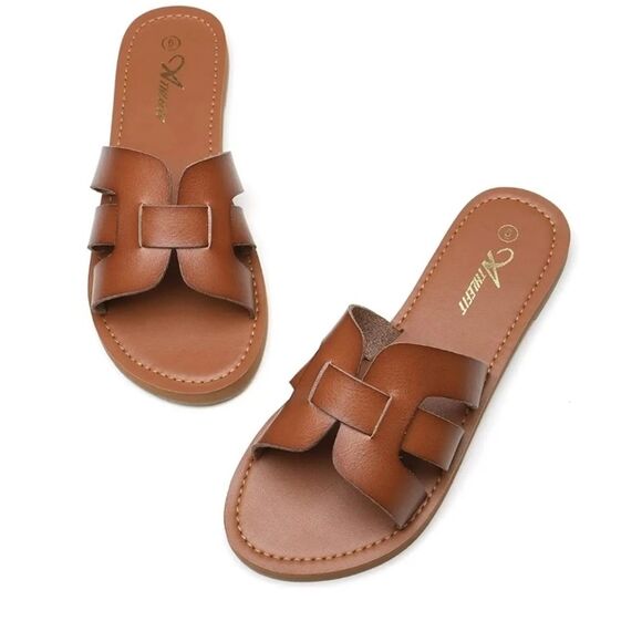 Athlefit women's casual slide on flat Sandal Size 9 brown shoe - Picture 1 of 8